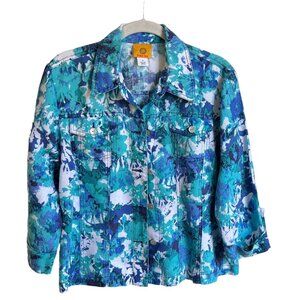 Ruby Rd. 3/4 Sleeve Linen Button Up Print Jacket in Blue/Green/White - Size S